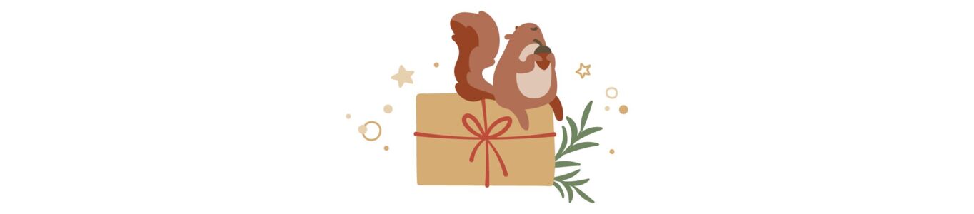  Ein niedliches Eichhörnchen sitzt auf einem Geschenk mit Schleife. 