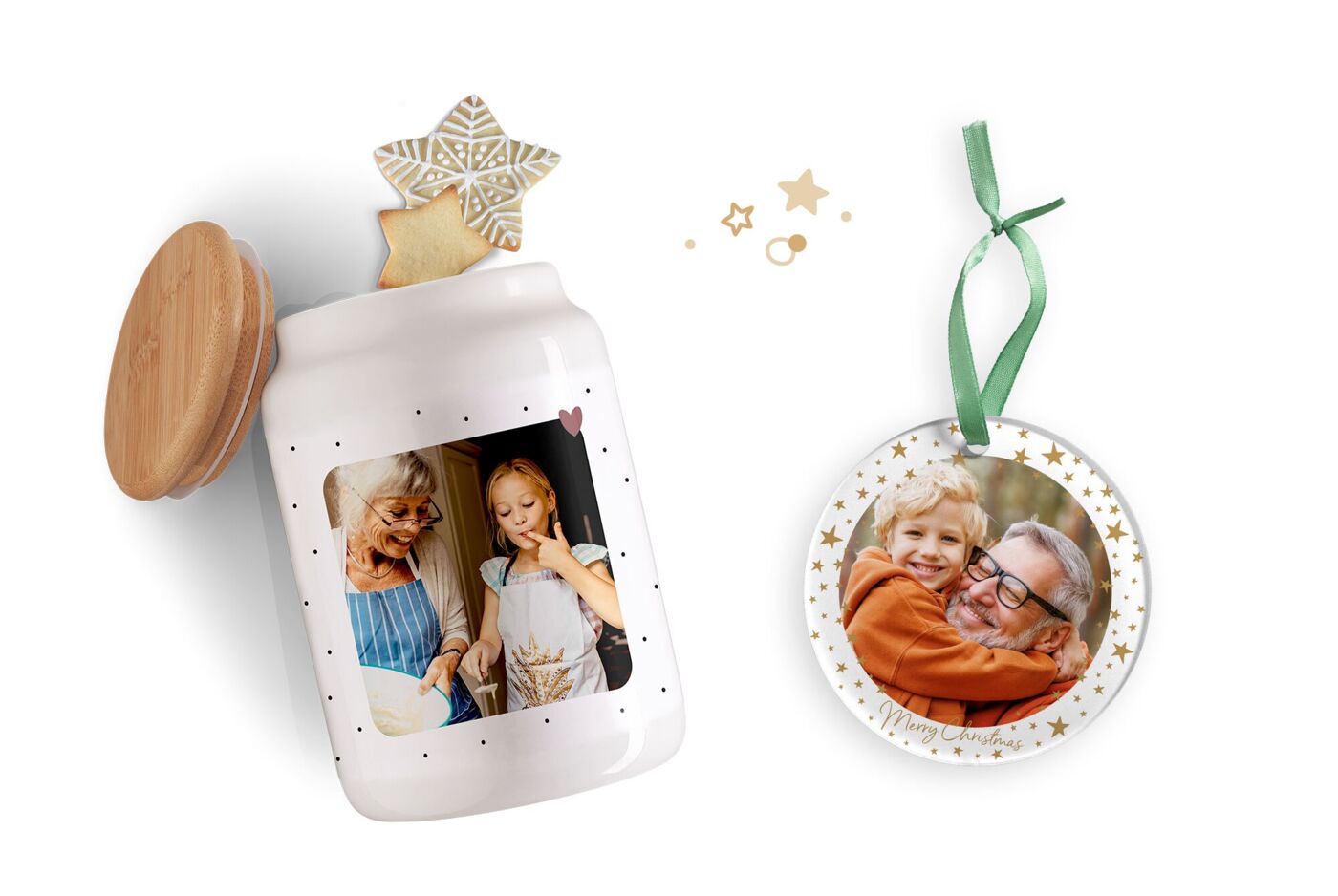 Personalisierte Foto-Keksdose gefüllt mit Gebäck und personalisierter Foto-Weihnachtsanhänger.